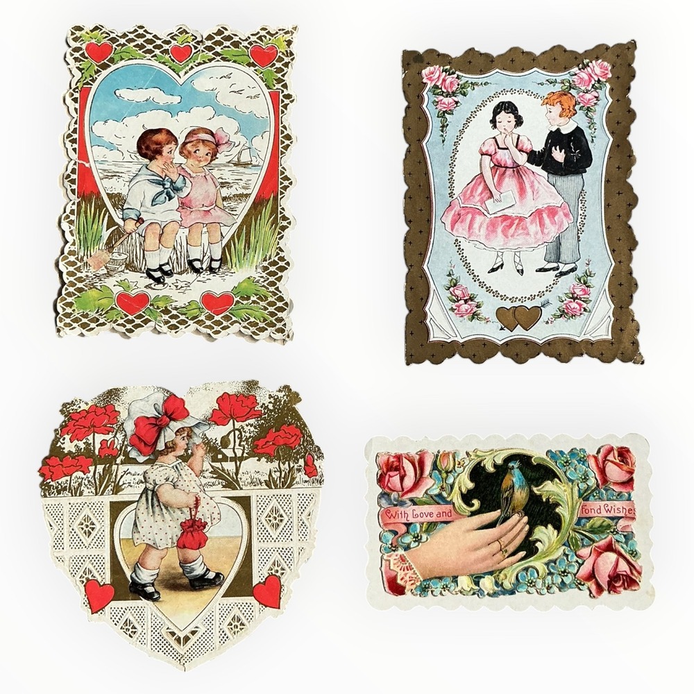 Antique Whitney Made Valentines Lot of 4 Die Cut Embossed Worcester Mass